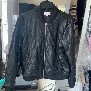 Black Quilted Faux Leather Bomber Jacket, NWT